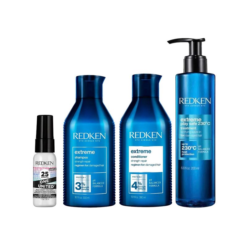 Pack Extreme Shampoo 300 ml + Acondicionador 300 ml + Tratamiento Play Safe  200 ml + Tratamiento Mini One United Redken - Aruma