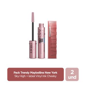 Set Máscara De Pestañas Maybelline Sky High Wtp Very Black + Labial Mb Superstay Vinyl Ink Cheeky
